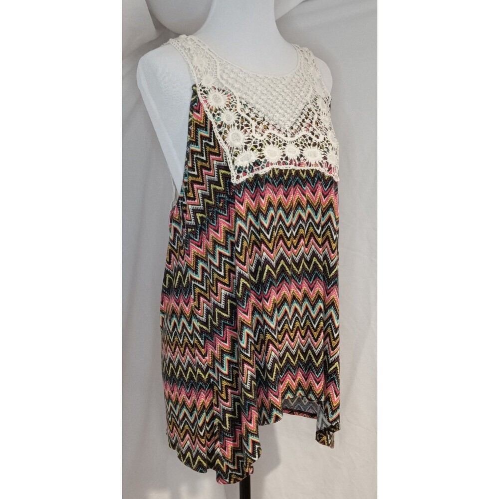 Boho Crochet Lace Chevron Tank Top Womens XL Multicolor Sleeveless Festival Flaw